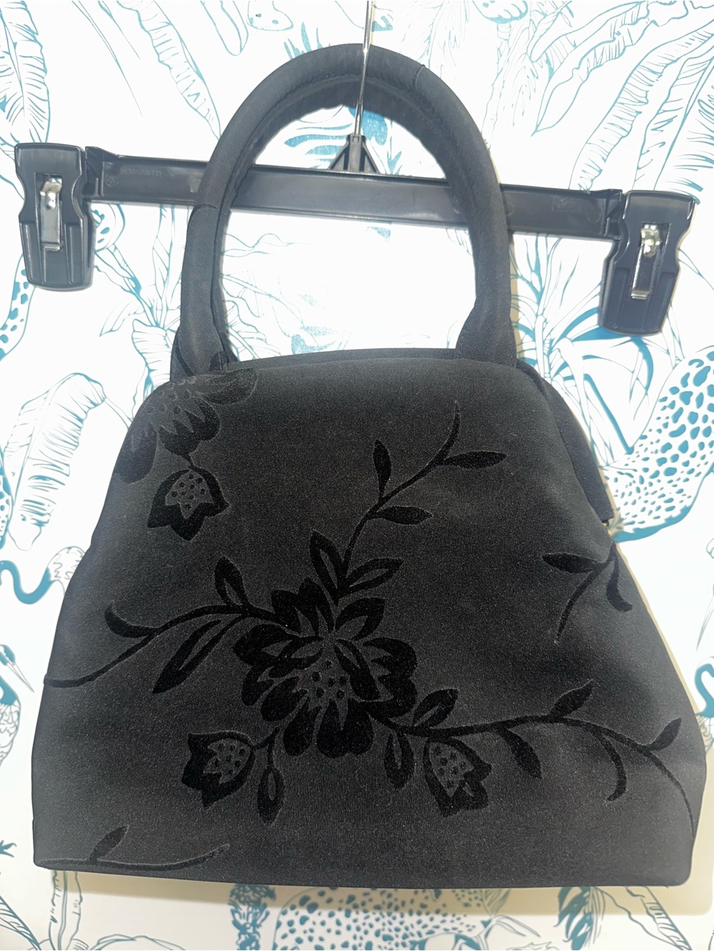 Liz Claiborne Black Floral Velvet Top-Handle Tote